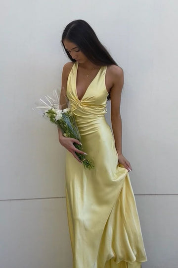 Niulatu Yellow ??A-Line Long Prom Dress for Party&Guest-V Neck Satin Beautiful Backless Formal Evening Dress HZ1026
